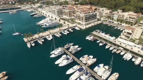 Uitzicht op de jachthaven van Porto Montenegro in Tivat, jachten aan de pier en het hotelcomplex — Stockvideo