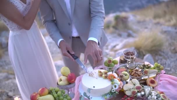 Наречена обіймає нареченого, наречений вирізає торт на весільному прийомі — стокове відео