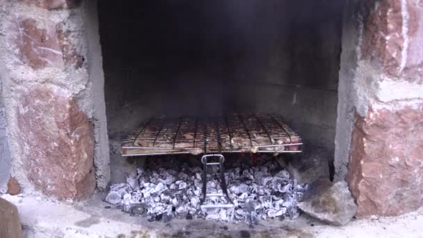 Las costillas de cordero se fríen sobre carbones en la parrilla. — Vídeos de Stock