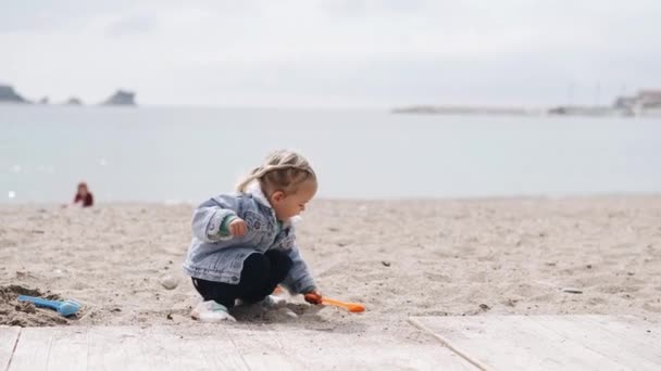 Little girl plays in the sand on the beach. Two-year-old child in a denim jacket playing with plastic toys on a sandy beach in spring. — Stock Video