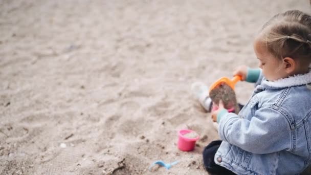 Kleines Mädchen spielt im Sand am Strand. Zweijähriges Kind in Jeansjacke spielt im Frühling am Sandstrand mit Plastikspielzeug. — Stockvideo