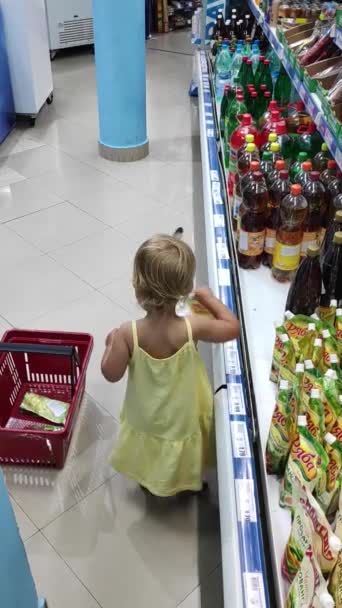 Budva, Montenegro - 01 de agosto de 2020: Pequena garota no supermercado, coloca mercadorias na cesta. Filha ajuda seus pais a fazer compras na loja. Criança coloca pacotes de maionese em cesto de compras — Vídeo de Stock