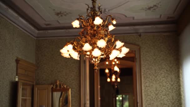 Grande lustre dourado com tons florais e lâmpadas em estilo floral, sob o teto com estuque. — Vídeo de Stock