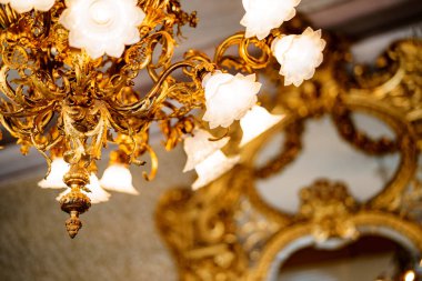 Çiçek gözlüklü ve çiçekçi tarzı ampullü büyük altın bir avize. Gölgelerin ve çiçeklerin yakın plan görüntüleri.