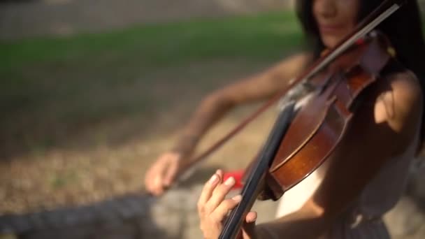 Девушка играет на скрипке на солнце, крупным планом — стоковое видео