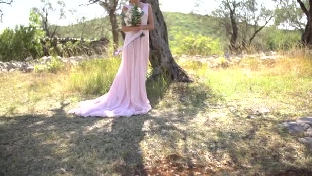 Une mariée dans une robe rose avec un bouquet dans ses mains se tient près d'un arbre dans une oliveraie — Video