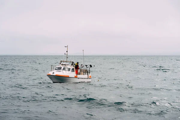 Pescador captura peixe num barco de pesca branco nas águas costeiras da Islândia — Fotografia de Stock