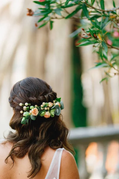 Seorang pengantin dengan hiasan bunga-bunga alami di rambutnya berdiri di bawah oleander mekar, kembali melihat — Stok Foto