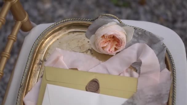 Конверти з восковими тюленями, тонкою кремовою трояндою та стрічкою на красивому вінтажному лотку — стокове відео