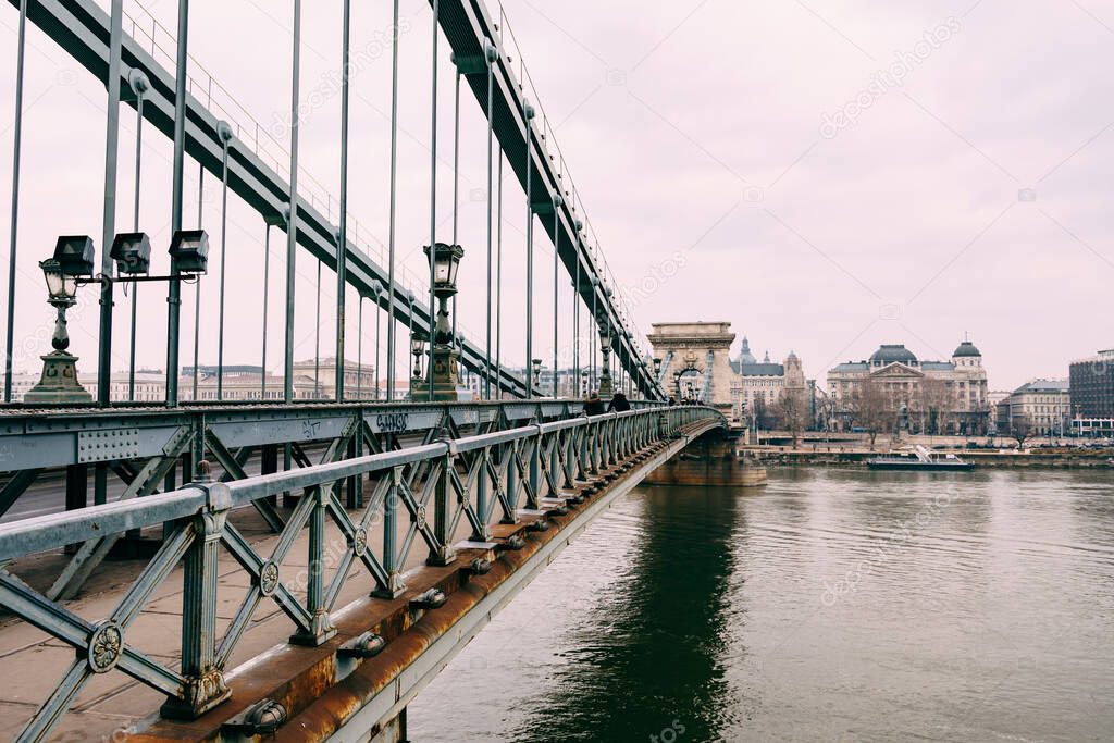 Beautiful daytime view of Szechenyi chain bridge in Budapest