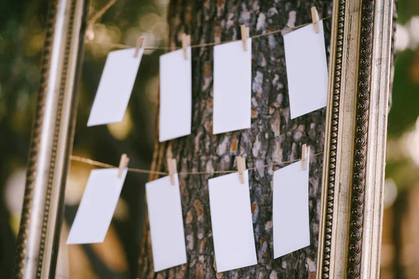Blanks for the wedding guest list hang in a beautiful frame on a tree. Seating plan. Close up