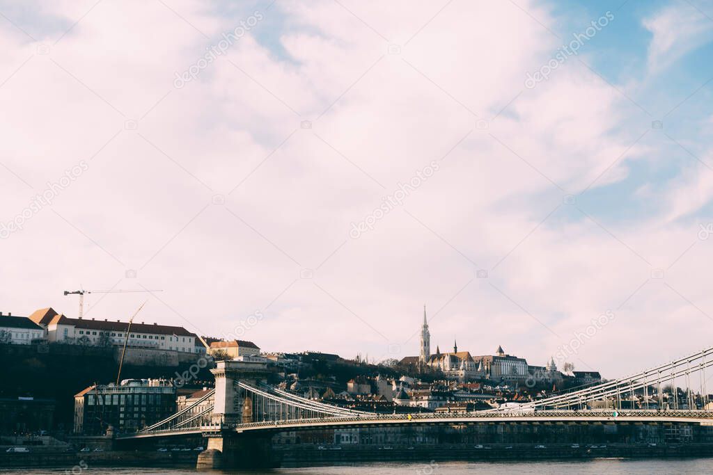 Panorama of the Szechenyi chain bridge over the Danube in Budapest