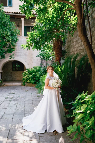 A gentle bride stands in a cozy green courtyard near a tree and holds a bouquet in her hands — Stock Photo, Image