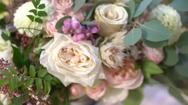 Букет розовых и кремовых роз, эвкалиптовые ветки, белые георгины и нежные фиолетовые цветы, крупным планом — стоковое видео