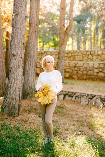 森の松の木を背景に、黄色の秋の葉の花束を持つ女性 — ストック写真