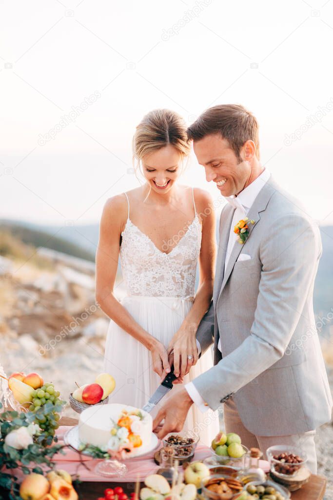 The bride and groom are cutting a cake during a buffet table after the wedding ceremony on Mount Lovcen and smiling