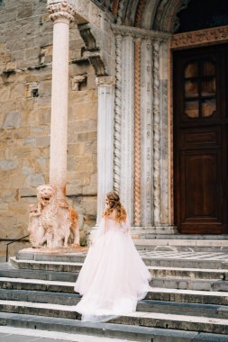 Uzun elbiseli güzel gelin Santa Maria Maggiore, Roma, İtalya 'nın basamaklarına tırmanıyor.