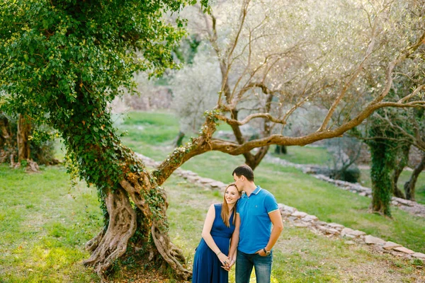 Erkek elini tutar ve sarmaşıkla sarmalanmış koca bir ağacın arka planında uzun elbiseli, gülümseyen bir kadını öper. — Stok fotoğraf