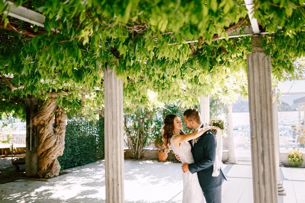 Mosolygó menyasszony öleli vőlegény egy napsütéses napon egy zöld kertben oszlopok — Stock Fotó
