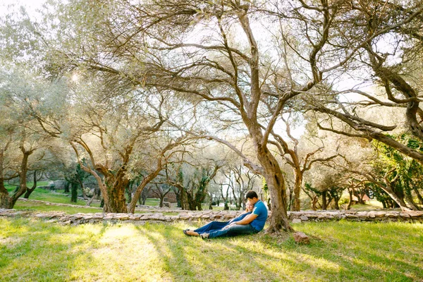 公園のオリーブの木の下に長い青いドレスを着た妊婦の男が草の上に横たわっている — ストック写真