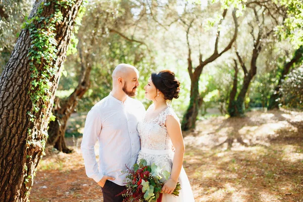 Pengantin wanita dan pengantin pria dengan berdiri buket berpelukan di antara pohon-pohon di kebun zaitun — Stok Foto