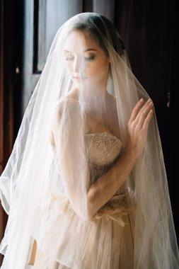 Peçeli gelin, başı eğik eski bir villanın duvarında duruyor. Como Gölü