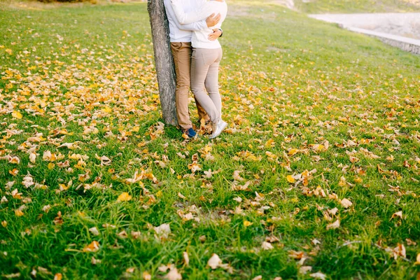 Muž objímá ženu v béžových kalhotách na pozadí zeleně v podzimním lese. Detailní záběr — Stock fotografie