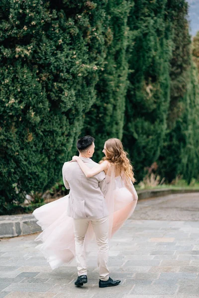 Sposo porta sposa tra le braccia lungo il percorso nell'uliveto sul Lago di Como, Italia. Vista posteriore — Foto Stock