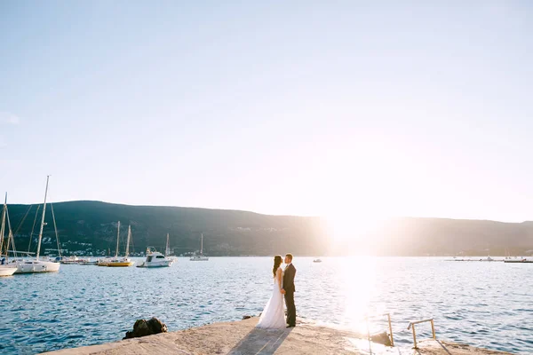 Belle mariée et marié tiennent la main debout sur la jetée lors d'une journée ensoleillée d'été sur fond de montagnes — Photo