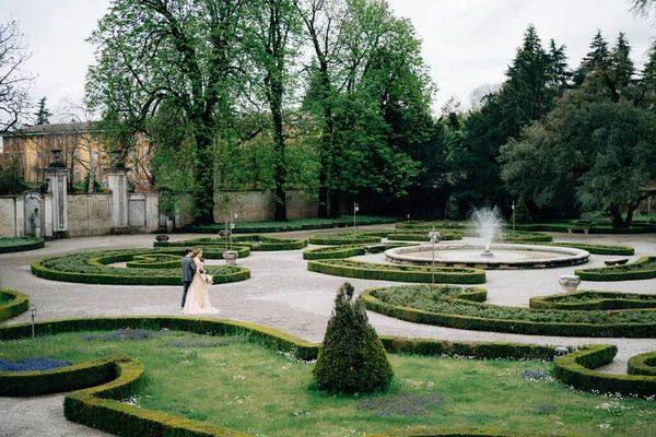 Pengantin baru berjalan di sepanjang jalan di taman terhadap latar belakang indah dipangkas semak-semak dan air mancur. Danau Como, Italia — Stok Foto