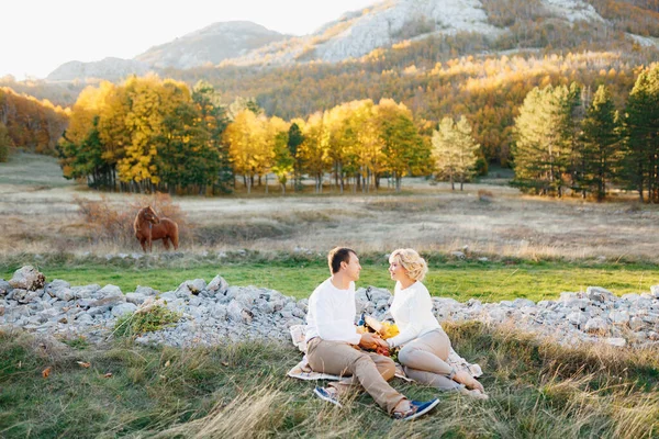 Hombre y mujer están sentados en una manta, tomados de la mano, en un césped en un bosque de otoño. Caballo pastando en el prado —  Fotos de Stock