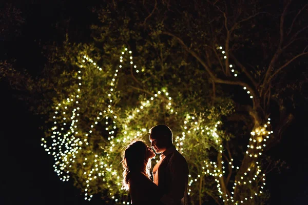Meio-retrato de homem e mulher abraçando em um fundo de uma árvore decorada com iluminação à noite — Fotografia de Stock