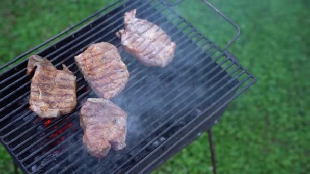 Steaks worden gebakken op een metalen grill in rook. — Stockvideo