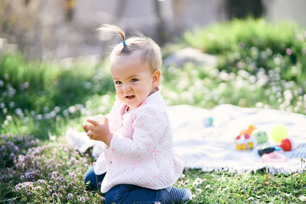 Little girl with a ponytail on her head sits on a green lawn among the wildflowers and holds a cube in her hands against the background of a bedspread with toys — Stockfoto