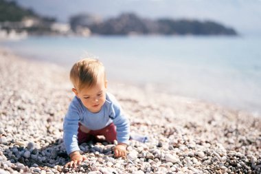 Mavi bluzlu ve kırmızı pantolonlu küçük bir çocuk elinde bir sopayla bir çakıl taşı plajı boyunca sürünerek denizin ve dağların arkasına gider.