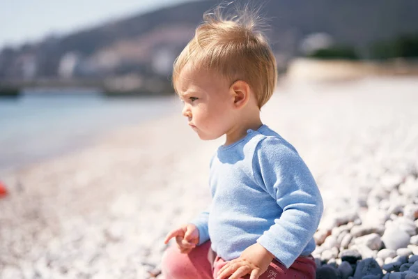 진지 한 아이들 이 그 의 앞에 앉아서 조약돌 해변에 앉아 산을 배경으로 바라보고 있습니다. 클로즈업. 초상화 — 스톡 사진