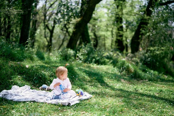 Liten flicka med en plastflaska i händerna sitter på en rutig överkast i en grön skog bland träden — Stockfoto