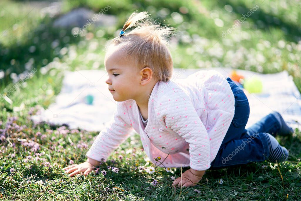 Pensive little girl with a ponytail on her head crawls along a green lawn among flowers near a blanket with toys