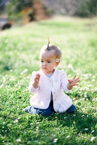 Kleines Kleinkind mit Kamille hinter dem Ohr sitzt auf einem grünen Rasen inmitten weißer Blumen — Stockfoto