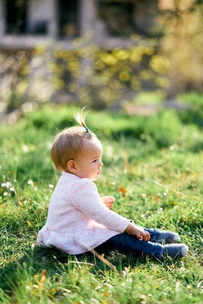 Den lilla flickan sitter på det gröna gräset. Sidovy — Stockfoto