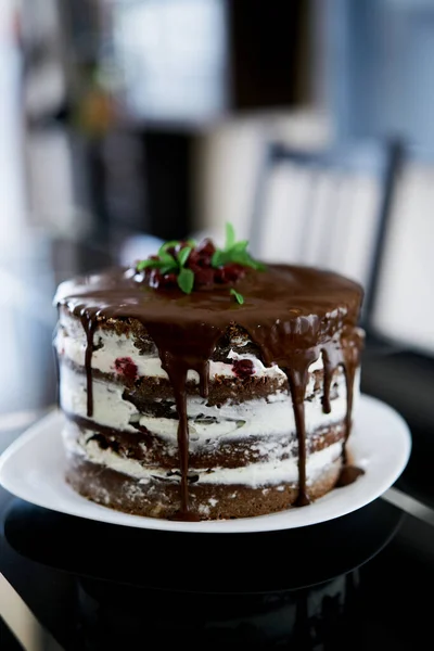 Csokis sütemény cseresznyével és krémsajttal egy tányéron — Stock Fotó
