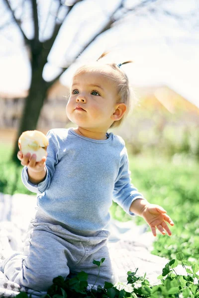 小さな女の子は緑の芝生の上の毛布の上に彼女の膝の上に座って、彼女の手にリンゴを保持します — ストック写真