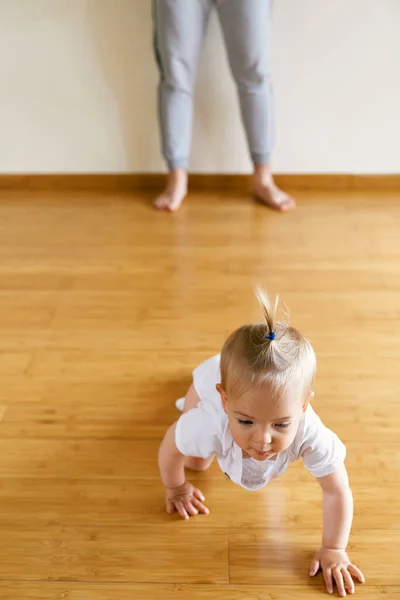 Маленький ребенок ползает по деревянному полу в комнате — стоковое фото