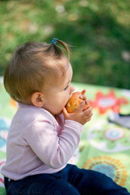 Little girl sits on a blanket and bites an apple. Close-up. Side view clipart