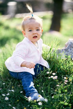 Kafasında at kuyruğu olan düşünceli küçük kız yeşil bir çimenlikte beyaz papatyaların arasında oturuyor.