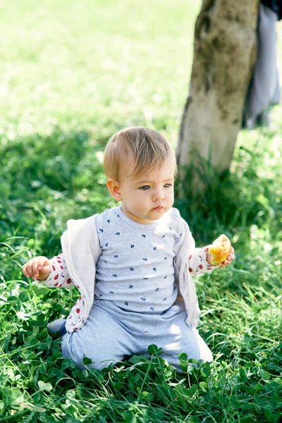 Lindo bebé se sienta de rodillas sobre hierba verde cerca de un árbol y sostiene una manzana amarilla en su mano —  Fotos de Stock