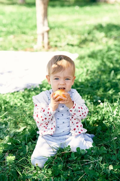 かわいい赤ちゃんは緑の草の上に座って黄色のリンゴをかじる — ストック写真