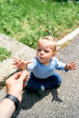Yetişkinler küçük bir kıza karahindiba uzatır.