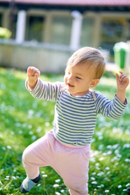 Küçük bebek yeşil çimlerde yürür, bacaklarını kaldırır.