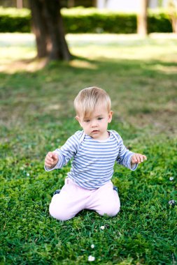 Küçük çocuk ağaçların arasındaki yeşil çimlerde dizlerinin üzerinde oturuyor.